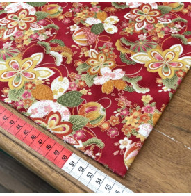 Tissu Coton Imprimé Foil / Motif Fleurs de Sakura - Hanami Rouge & Or