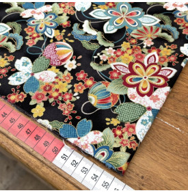 Tissu Coton Imprimé Foil / Motif Fleurs de Sakura - Hanami Noir & Or
