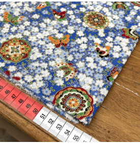 Tissu Coton Imprimé Foil / Motif Sakura & Papillons - Kimiko Bleu