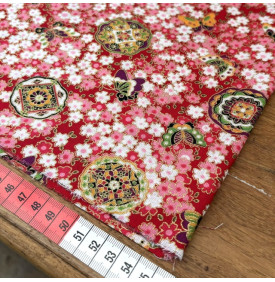 Tissu Coton Imprimé Foil / Motif Sakura & Papillons - Kimiko Rouge
