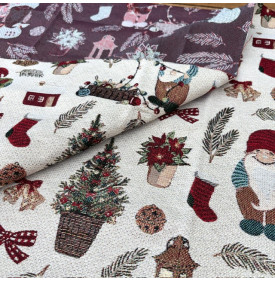 Coupon Jacquard Lurex / Motif Noël - Lutins Écru & Rouge