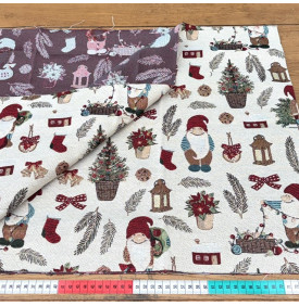 Tissu Jacquard Imprimé / Motif Noël - Lutins de Noël Écru & Rouge
