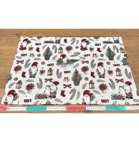 Tissu Jacquard Imprimé / Motif Noël - Lutins de Noël Écru & Rouge