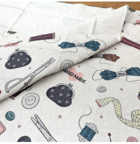 Coupon Tissu Aspect Lin / Mercerie Handmade - Atelier Couture Beige & Multicolore