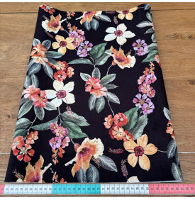 Tissu Velours Imprimé / Motif Fleurs - Hibiscus Noir & Orange | 29.90 €/M