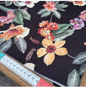 Tissu Velours Imprimé / Motif Fleurs - Hibiscus Noir & Orange | 29.90 €/M