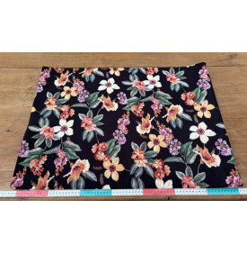 Tissu Velours Imprimé / Motif Fleurs - Hibiscus Noir & Orange | 29.90 €/M