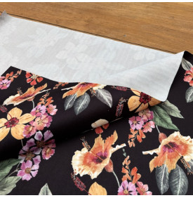 Tissu Velours Imprimé / Motif Fleurs - Hibiscus Noir & Orange | 29.90 €/M