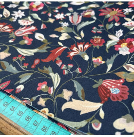 Tissu Velours Imprimé / Motif Fleurs - Églantine Bleu Marine & Rouge | 29.90 €/M