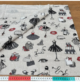 Coupon Tissu Aspect Lin / Motif Mode & Couture - Frou Frou Noir & Rouge