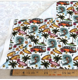 Sergé de Coton / Motif Surf & Van Rétro - Blanc Turquoise & Orange