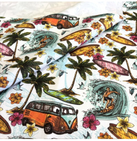 Sergé de Coton / Motif Surf & Van Rétro - Blanc Turquoise & Orange