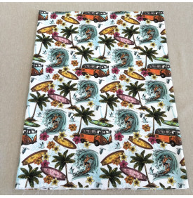 Sergé de Coton / Motif Surf & Van Rétro - Blanc Turquoise & Orange