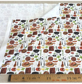 Sergé de Coton / Motif Barbecue & Grill - Blanc Rouge & Vert