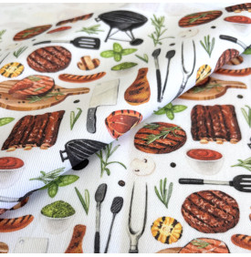 Sergé de Coton / Motif Barbecue & Grill - Blanc Rouge & Vert