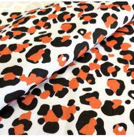 Sergé de Coton / Motif Léopard - Blanc Noir & Orange