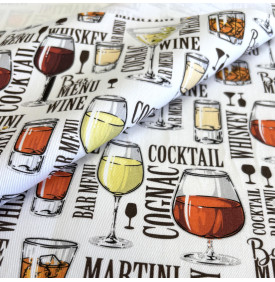 Sergé de Coton / Motif Bar & Cocktails - Blanc Bordeaux & Orange