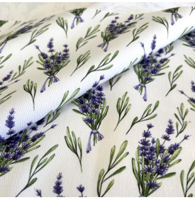Sergé de Coton / Motif Lavande - Blanc Violet & Vert