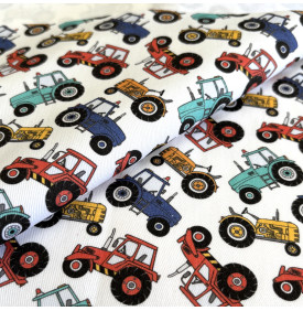 Sergé de Coton / Motif Tracteurs - Blanc Rouge & Bleu