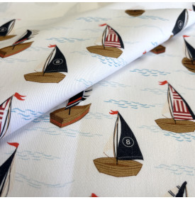 Sergé de Coton / Motif Voiliers - Blanc Marine & Rouge