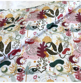 Sergé de Coton / Motif Visages Abstraits - Blanc Rose & Bordeaux