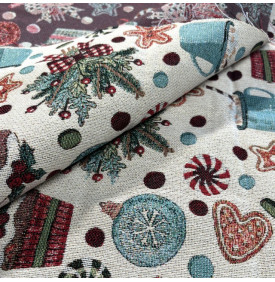 Coupon Jacquard Lurex / Motif Noël - Noël Gourmand Écru & Rouge