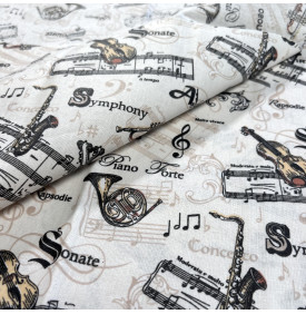 Tissu Coton Enduit / Motif Musique – Virtuoso Crème & Noir