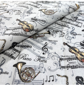 Tissu Coton Enduit / Motif Musique – Virtuoso Gris & Noir