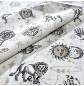 Tissu Coton Enduit / Motif Astrologie – Astro Écru & Noir