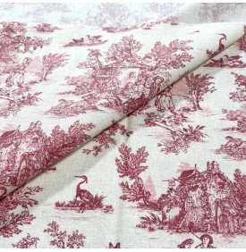 Tissu Coton Enduit / Motif Toile de Jouy – Mini Pastorale Lin & Rouge | 15.50 €/M