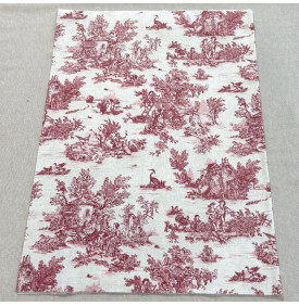 Tissu Coton Enduit / Motif Toile de Jouy – Mini Pastorale Lin & Rouge | 15.50 €/M