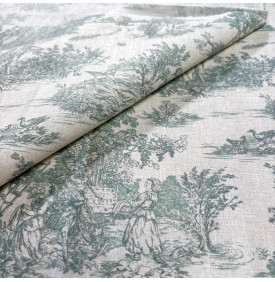 Tissu Coton Enduit / Motif Toile de Jouy – Mini Pastorale Lin & Vert | 15.50 €/M