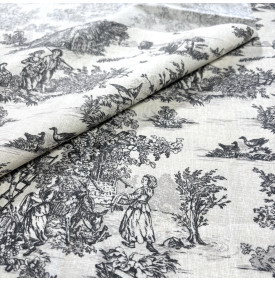 Tissu Coton Enduit / Motif Toile de Jouy – Mini Pastorale Lin & Noir