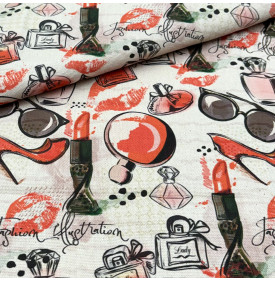 Tissu Aspect Lin / Motif Mode & Beauté – Fashion Écru & Rouge
