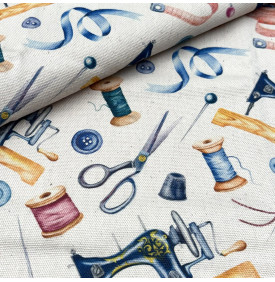 Tissu Aspect Lin / Motif Couture – Atelier Écru & Bleu
