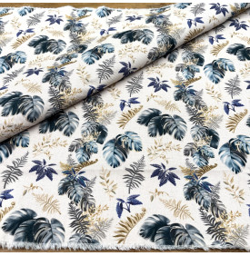 Tissu Aspect Lin / Motif Feuillage Tropical – Canopée Écru & Bleu