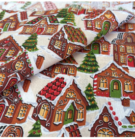 Tissu Coton Imprimé / Motif Noël - Village Pain d’Épices Écru & Marron