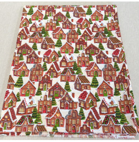 Tissu Coton Imprimé / Motif Noël - Village Pain d’Épices Écru & Marron