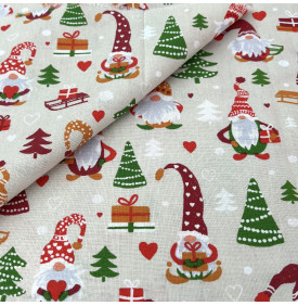 Tissu Coton Imprimé / Motif Noël - Gnomes Beige, Rouge & Vert