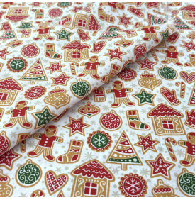 Tissu Coton Imprimé / Motif Noël - Petit-Biscuit Blanc, Rouge & Vert