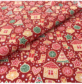 Tissu Coton Imprimé / Motif Noël - Petit-Biscuit Rouge, Beige & Vert