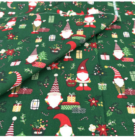 Tissu Coton Imprimé / Motif Noël - Lutins Vert, Rouge & Blanc