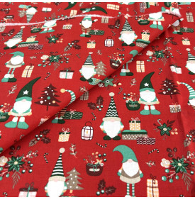 Tissu Coton Imprimé / Motif Noël - Lutins Rouge, Vert & Blanc