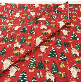 Tissu Coton Imprimé / Motif Noël - Gnomes Rouge, Vert & Blanc
