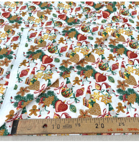 Tissu Coton Imprimé / Motif Noël - Mutin Blanc, Rouge & Vert