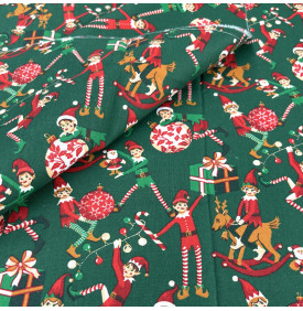 Tissu Coton Imprimé / Motif Noël - Lutins Farceur Vert & Rouge
