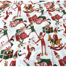 Tissu Coton Imprimé / Motif Noël - Lutins Farceur Blanc & Rouge