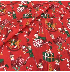 Tissu Coton Imprimé / Motif Noël - Lutins Farceur Rouge & Vert