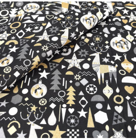Tissu Coton Imprimé / Motif Noël - Stanislas Noir & Doré