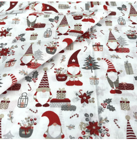 Tissu Coton Imprimé / Motif Noël - Gnomes Blanc & Rouge